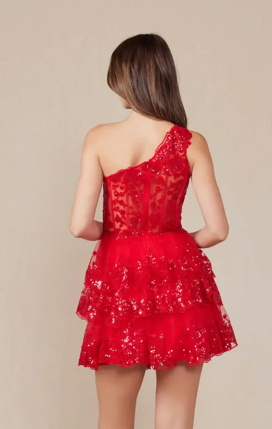 CHRISTIE MINI DRESS - RED - ONE SHOULDER TIERED SHORT DRESS