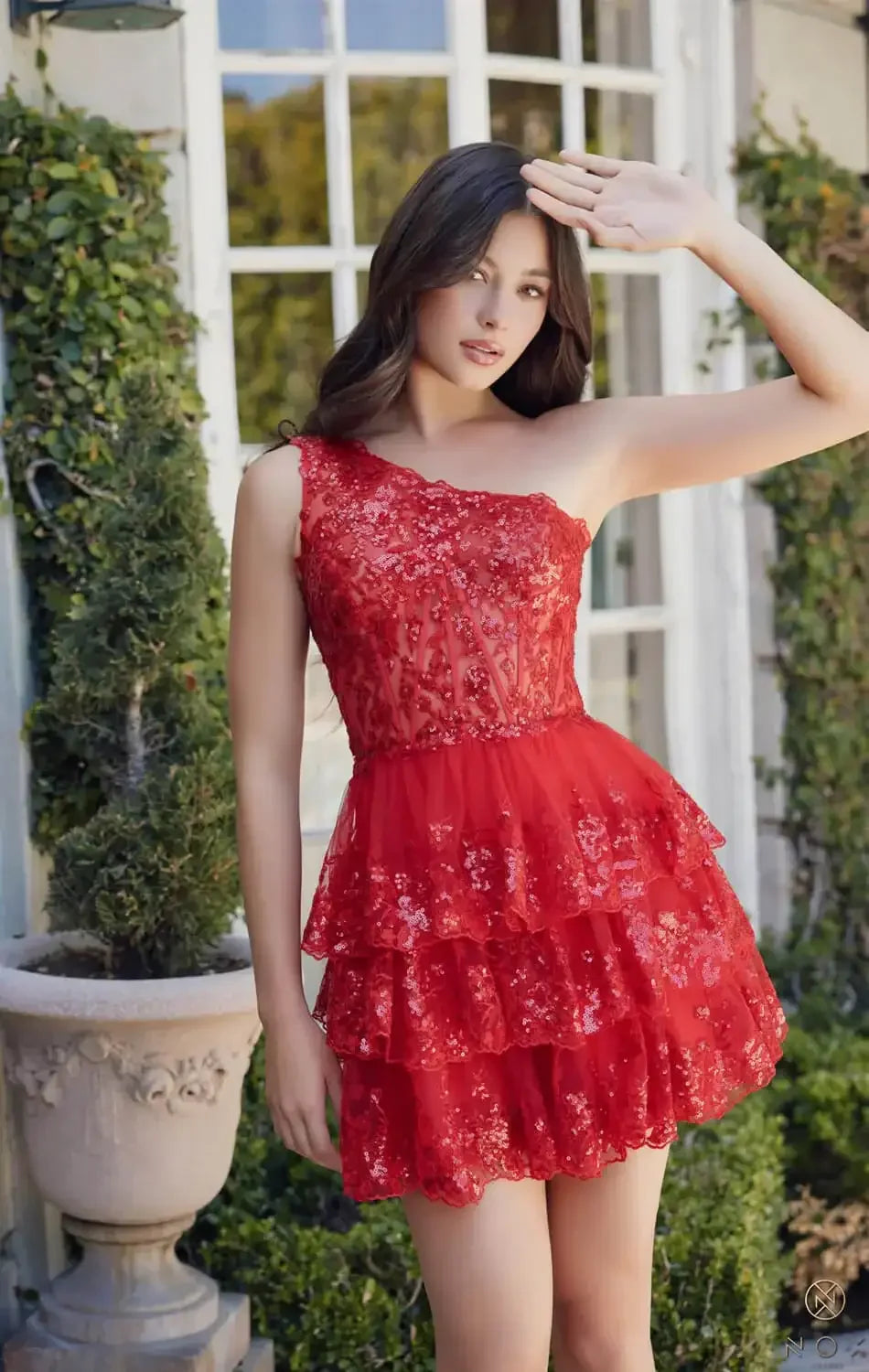 CHRISTIE MINI DRESS - RED - ONE SHOULDER TIERED SHORT DRESS