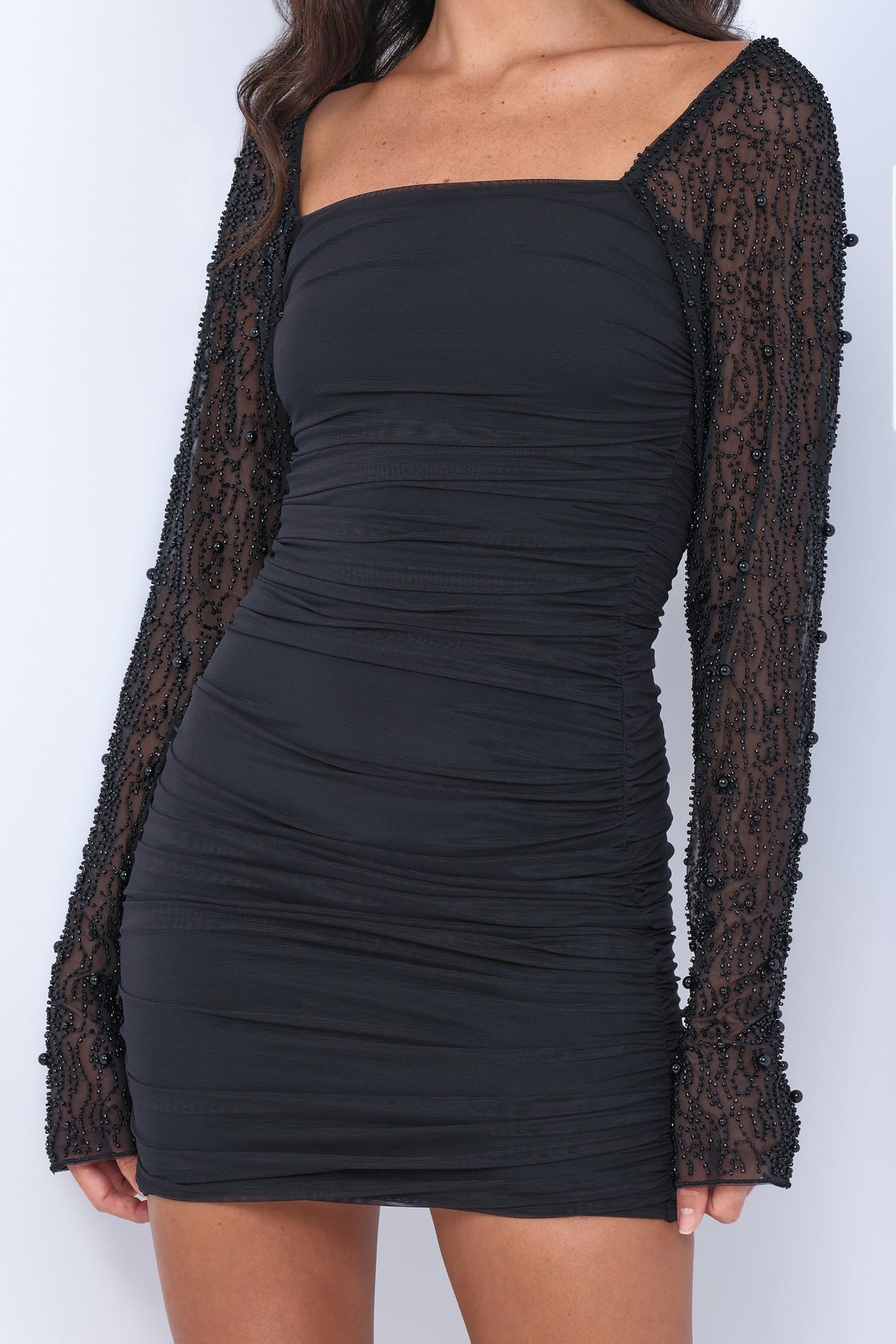 Athena Pearl Sleeve Mini Dress - Black