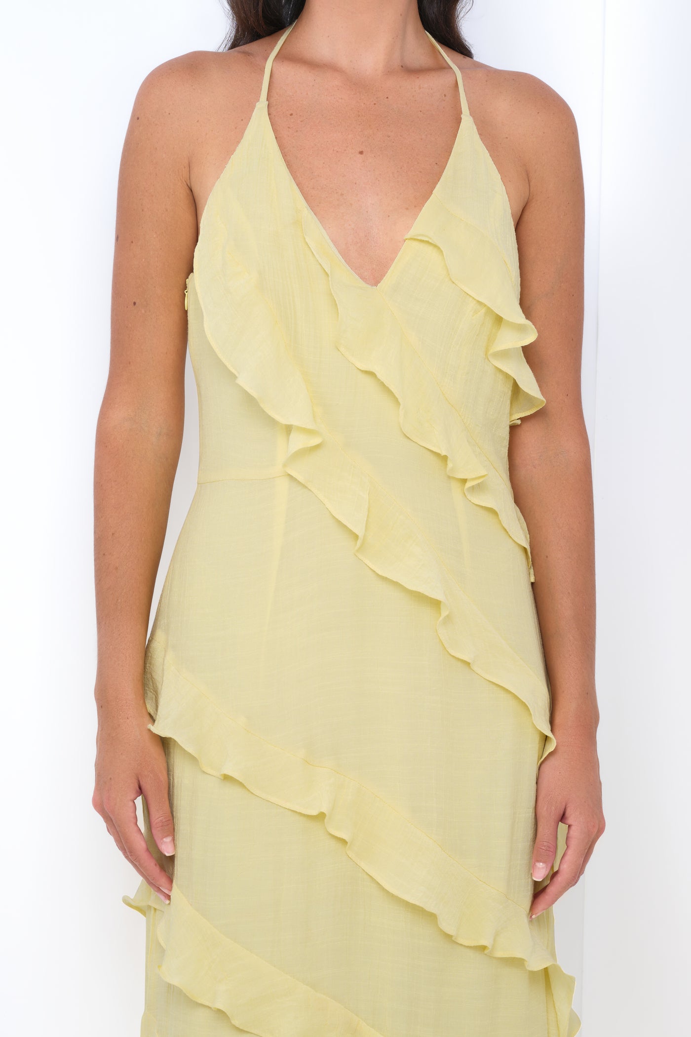 Remi Yellow Maxi Dress - Halter Neck, Open Back & Ruffle Detail