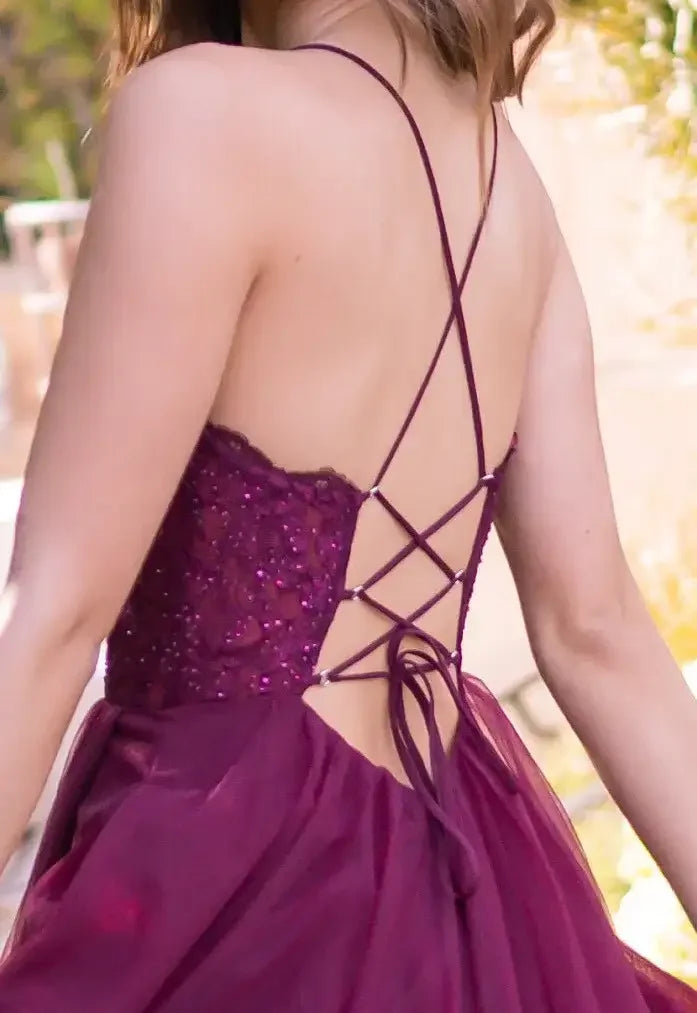 A person wears a deep purple dress with a fitted, sequined bodice and a flowing skirt, showcasing an intricate crisscross back design against a softly blurred outdoor background.