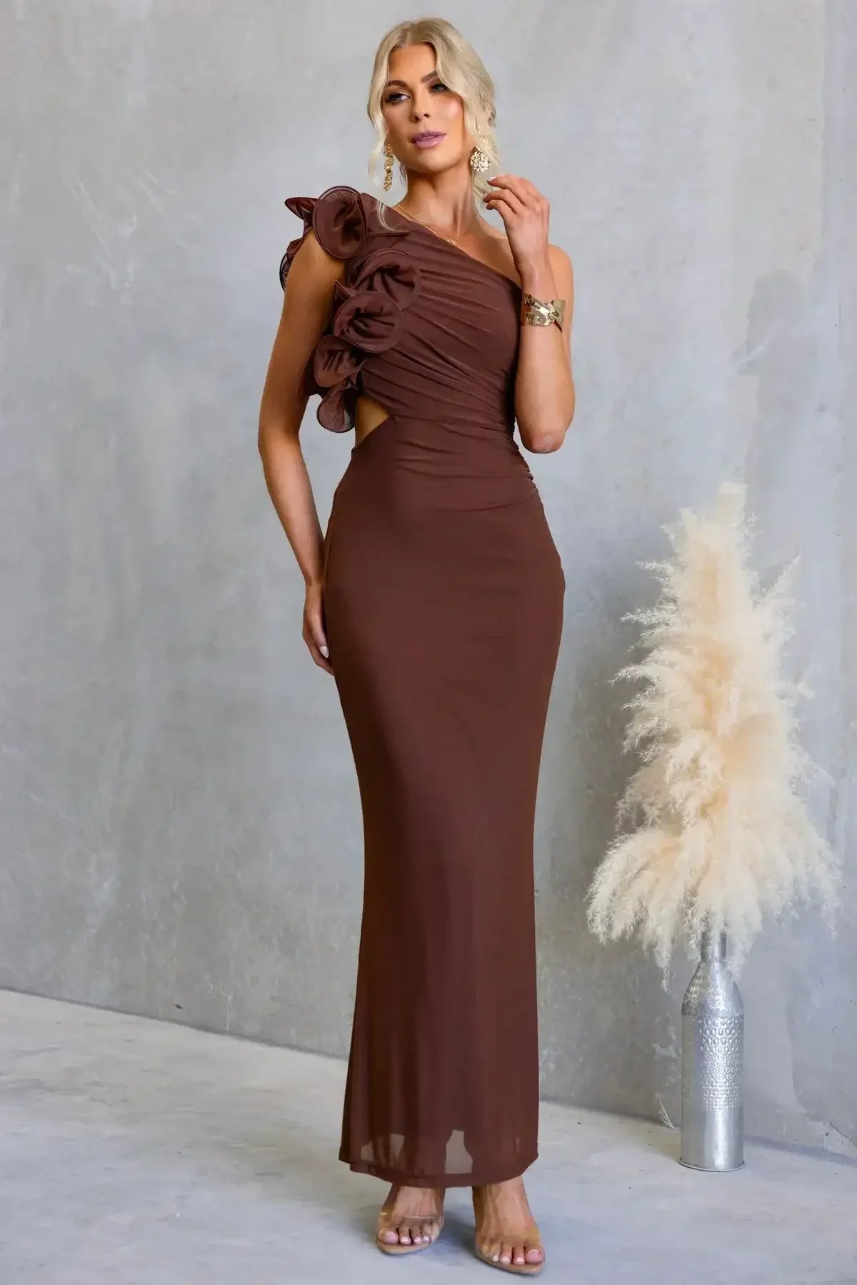 LIZBETH ONE SHOULDER MESH MAXI DRESS - BROWN