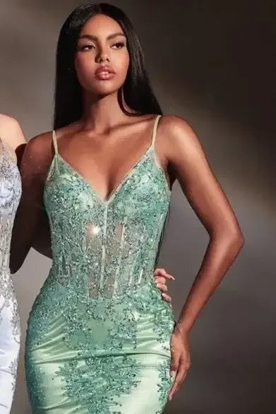 Lyra Gown - Sage - FITTED FLORAL GLITTER PRINT CORSET GOWN