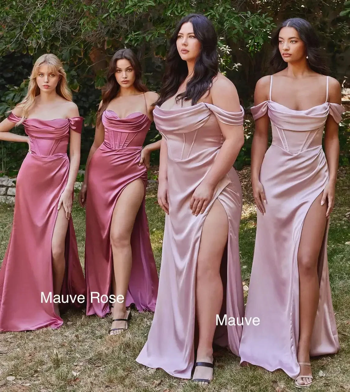 Four women stand side by side in elegant, satin dresses with high slits. They pose outdoors against a backdrop of greenery, showcasing different shades of mauve. Labels read "Mauve Rose" and "Mauve."