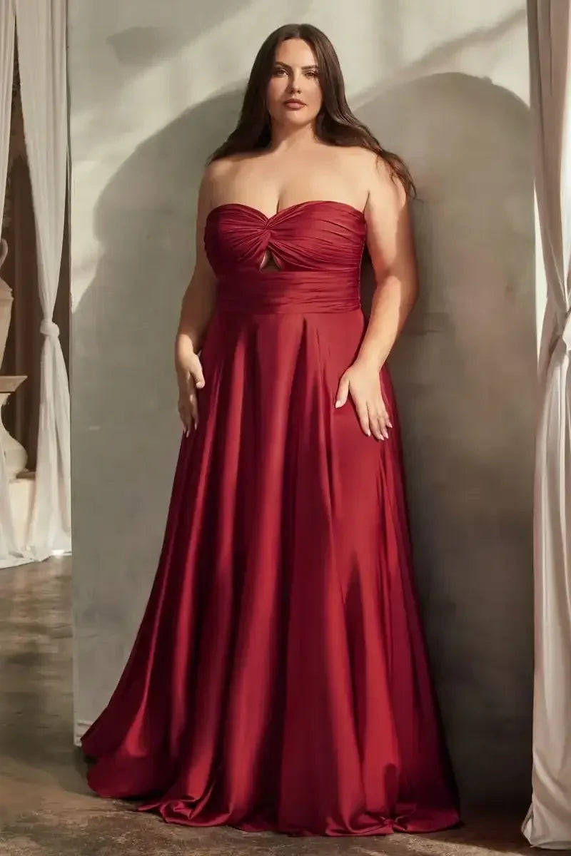 Madigan Gown - Burgundy - STRAPLESS A-LINE SOFT SATIN KEYHOLE DRESS