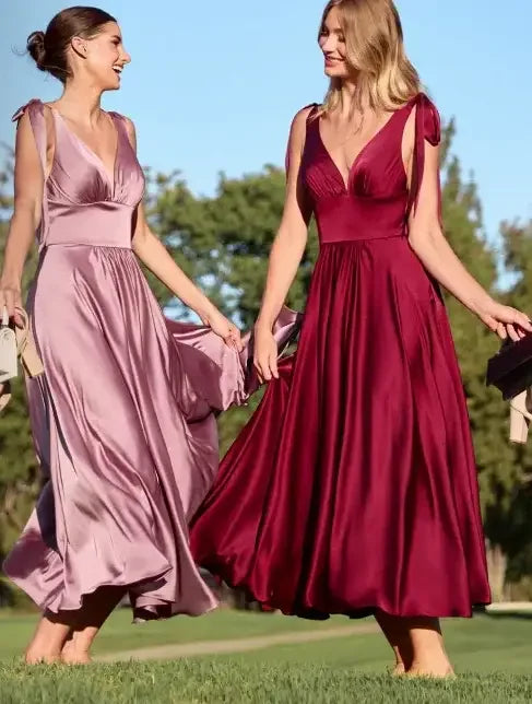 MAGGIE MIDI DRESS - BURGUNDY - TEA LENGTH SOFT SATIN A-LINE DRESS