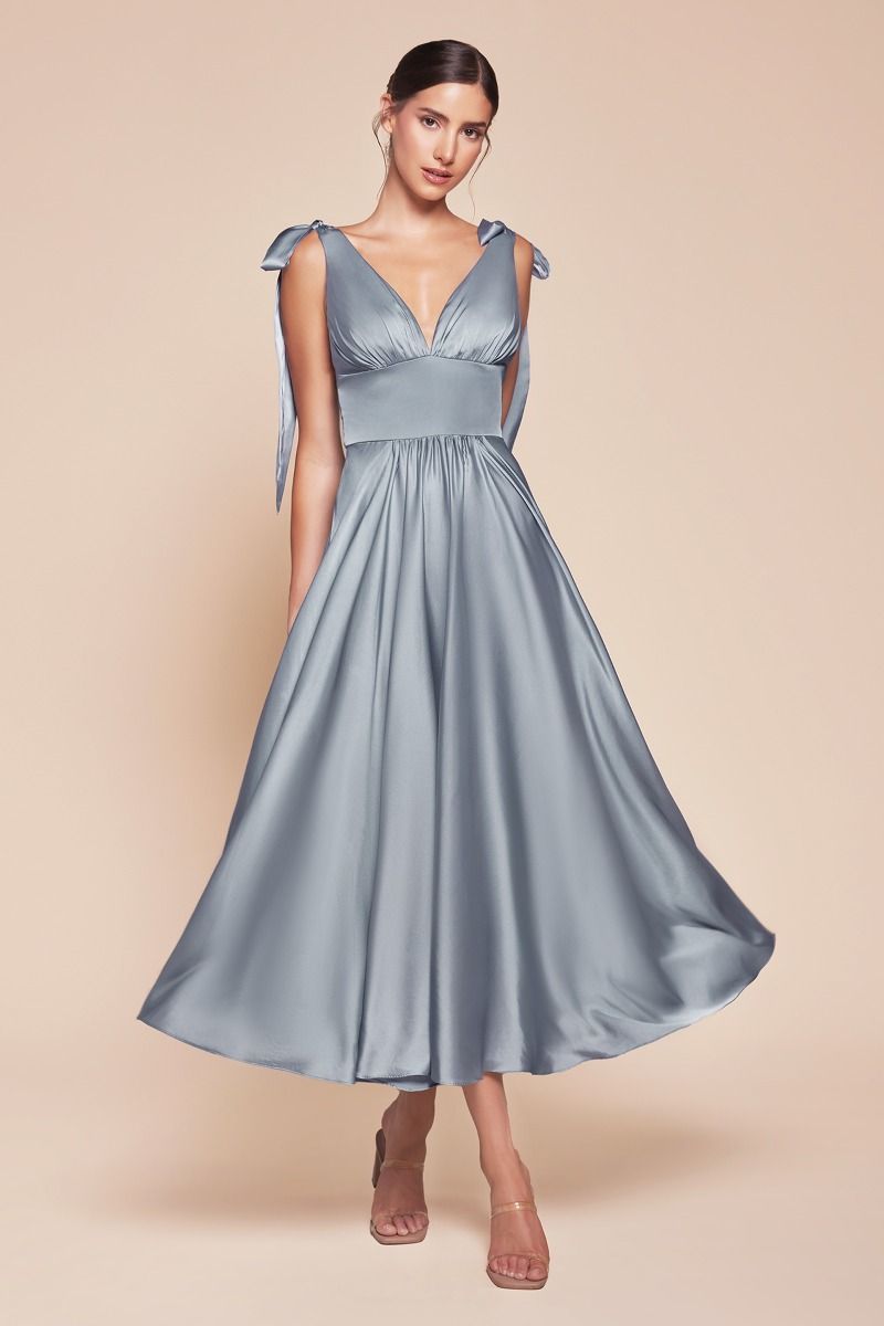 MAGGIE MIDI DRESS DUSTY BLUE TEA LENGTH SOFT SATIN A-LINE DRESS