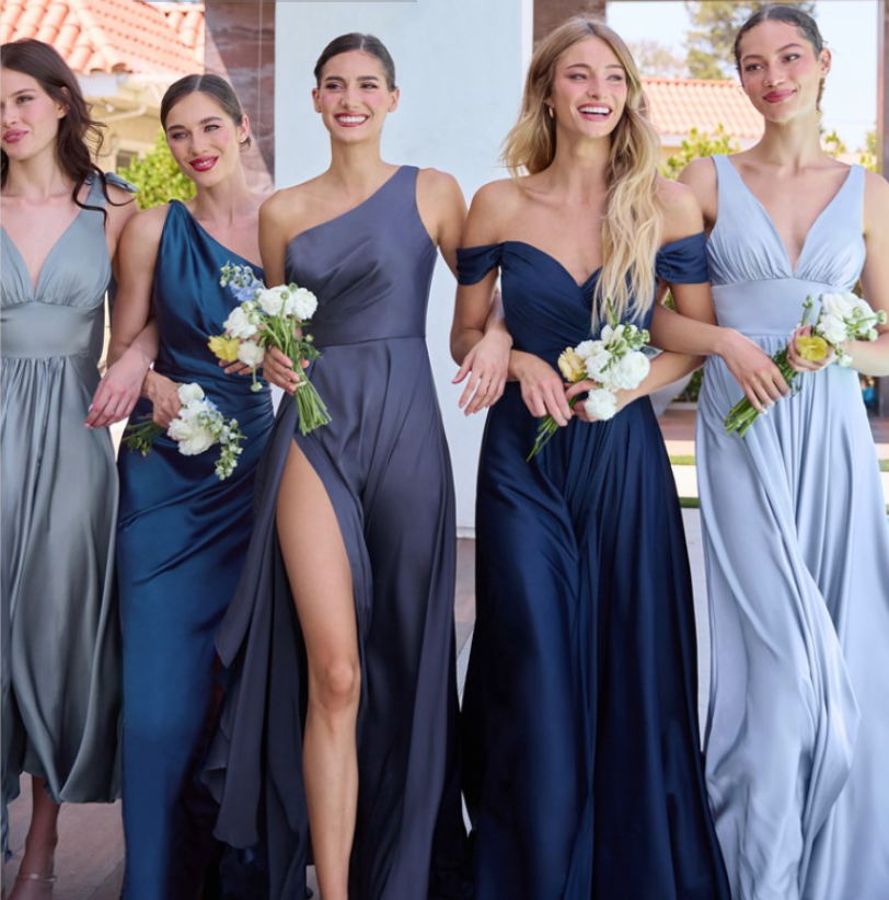 JILLIAN GOWN - NAVY - A-LINE SOFT SATIN OFF THE SHOULDER DRESS