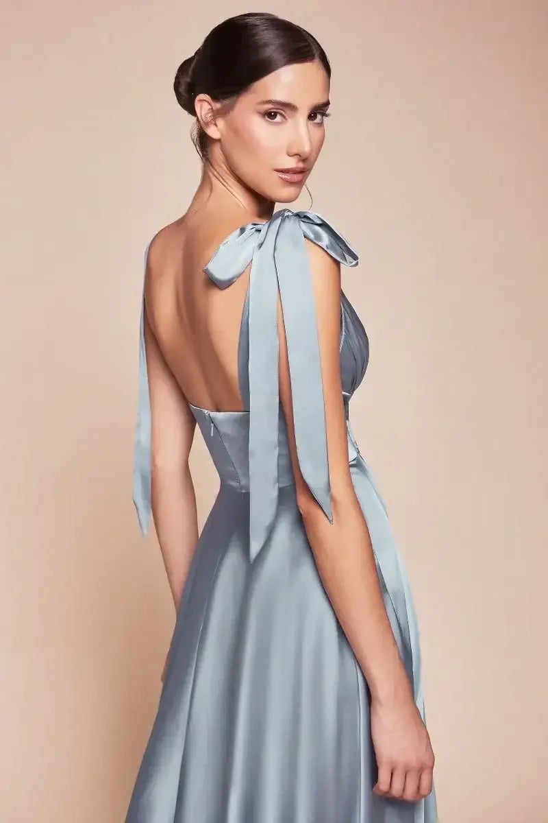 MAGGIE MIDI DRESS - DUSTY BLUE - TEA LENGTH SOFT SATIN A-LINE DRESS