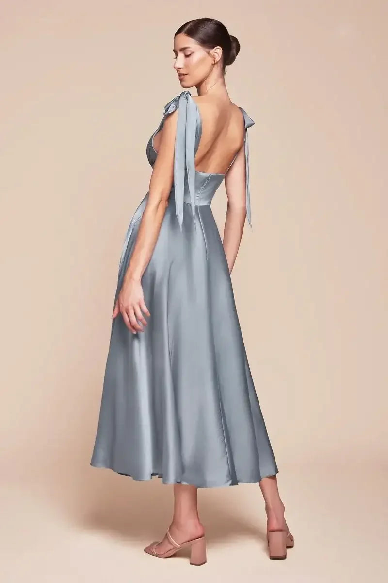 MAGGIE MIDI DRESS - DUSTY BLUE - TEA LENGTH SOFT SATIN A-LINE DRESS