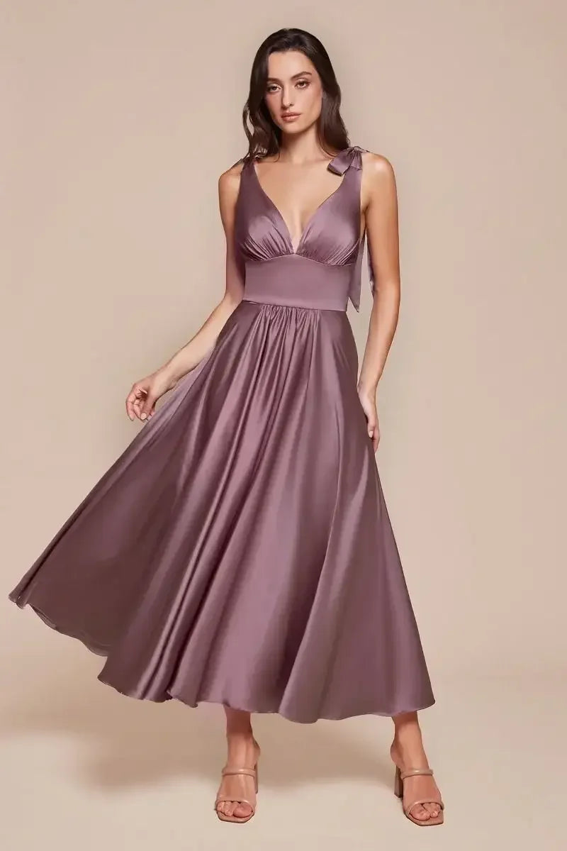 MAGGIE MIDI DRESS - ENGLISH VIOLET - TEA LENGTH SOFT SATIN A-LINE DRESS