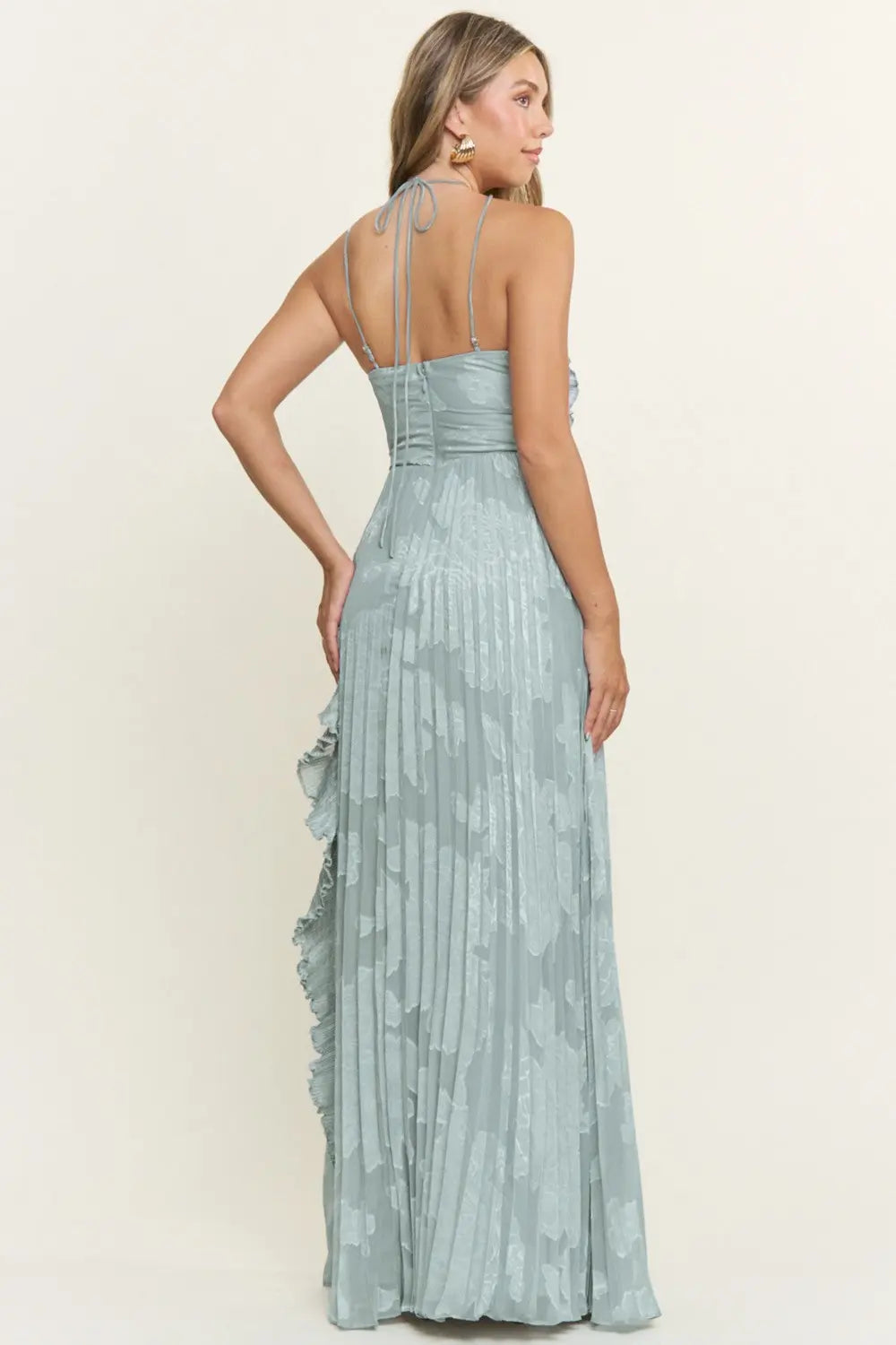 Rainn Ruffle Maxi Dress - Dusty Blue Halter Dress | Lady Black Tie