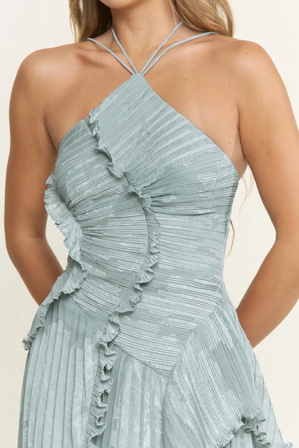 Rainn Ruffle Maxi Dress - Dusty Blue Halter Dress | Lady Black Tie
