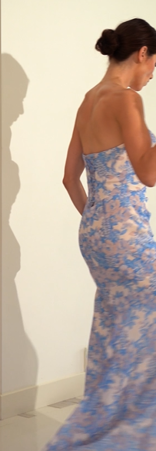 MARTA GOWN - BLUE - STRAPLESS FLORAL PRINTED SOFT CHIFFON DRESS