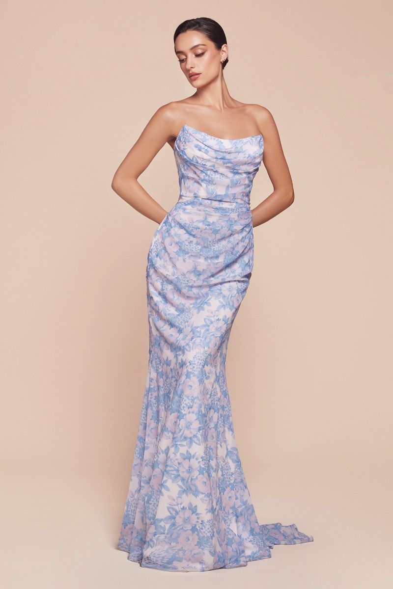 MARTA GOWN - BLUE - STRAPLESS FLORAL PRINTED SOFT SATIN DRESS | Lady Black Tie MARTA GOWN - BLUE - STRAPLESS FLORAL PRINTED SOFT SATIN DRESS | Lady Black Tie