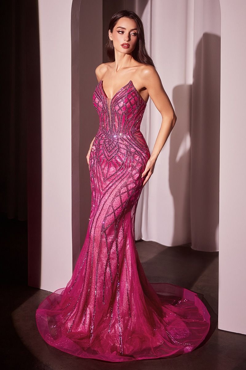Maxwell Gown - Fuchsia - CRYSTAL STRAPLESS EMBELLISHED MERMAID GOWN