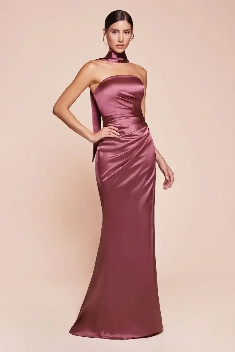 Nicolette Gown - Mauve Rose - STRAPLESS LUXE SATIN DRESS & SCARF