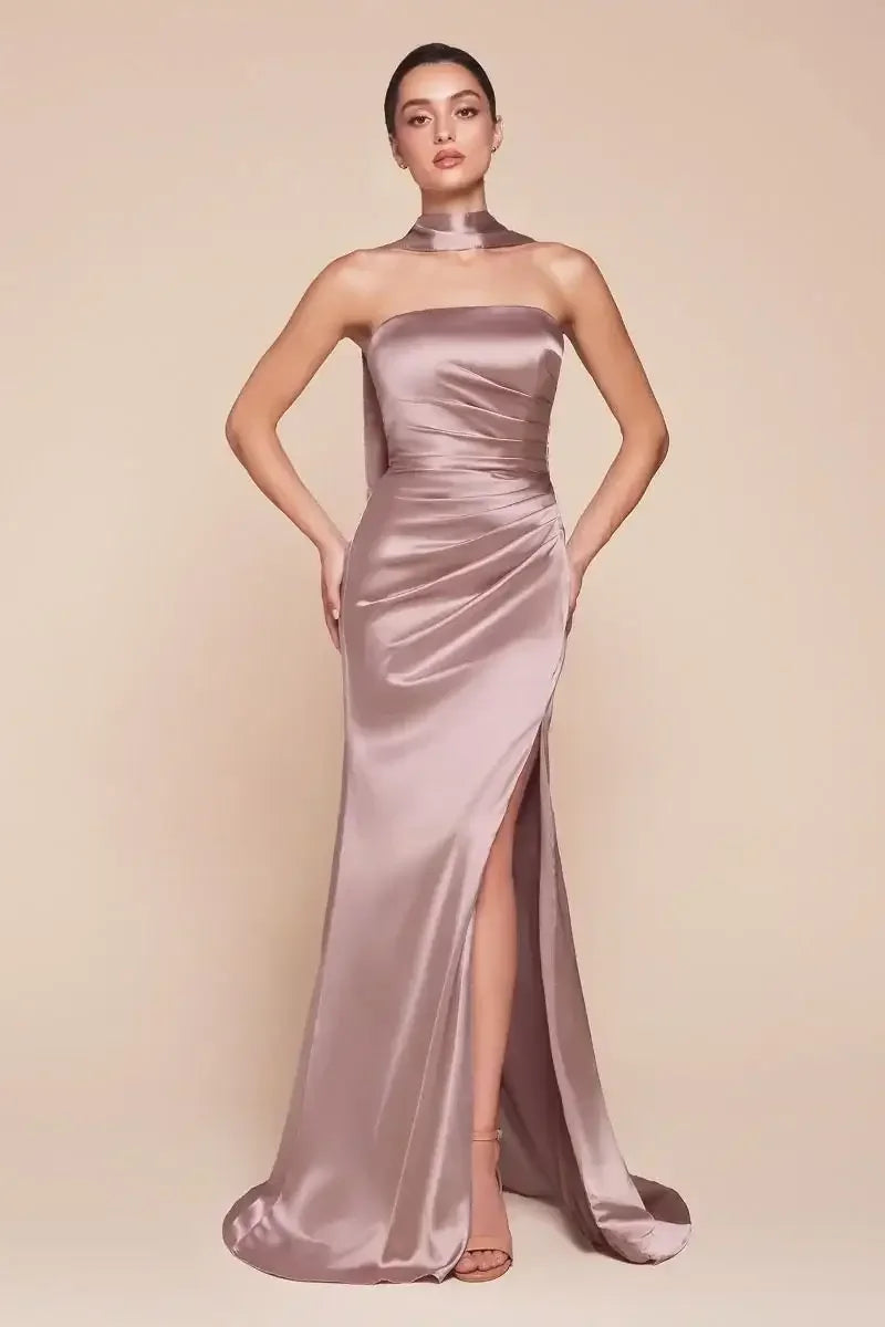 Nicolette Gown - Mauve - STRAPLESS LUXE SATIN DRESS & SCARF