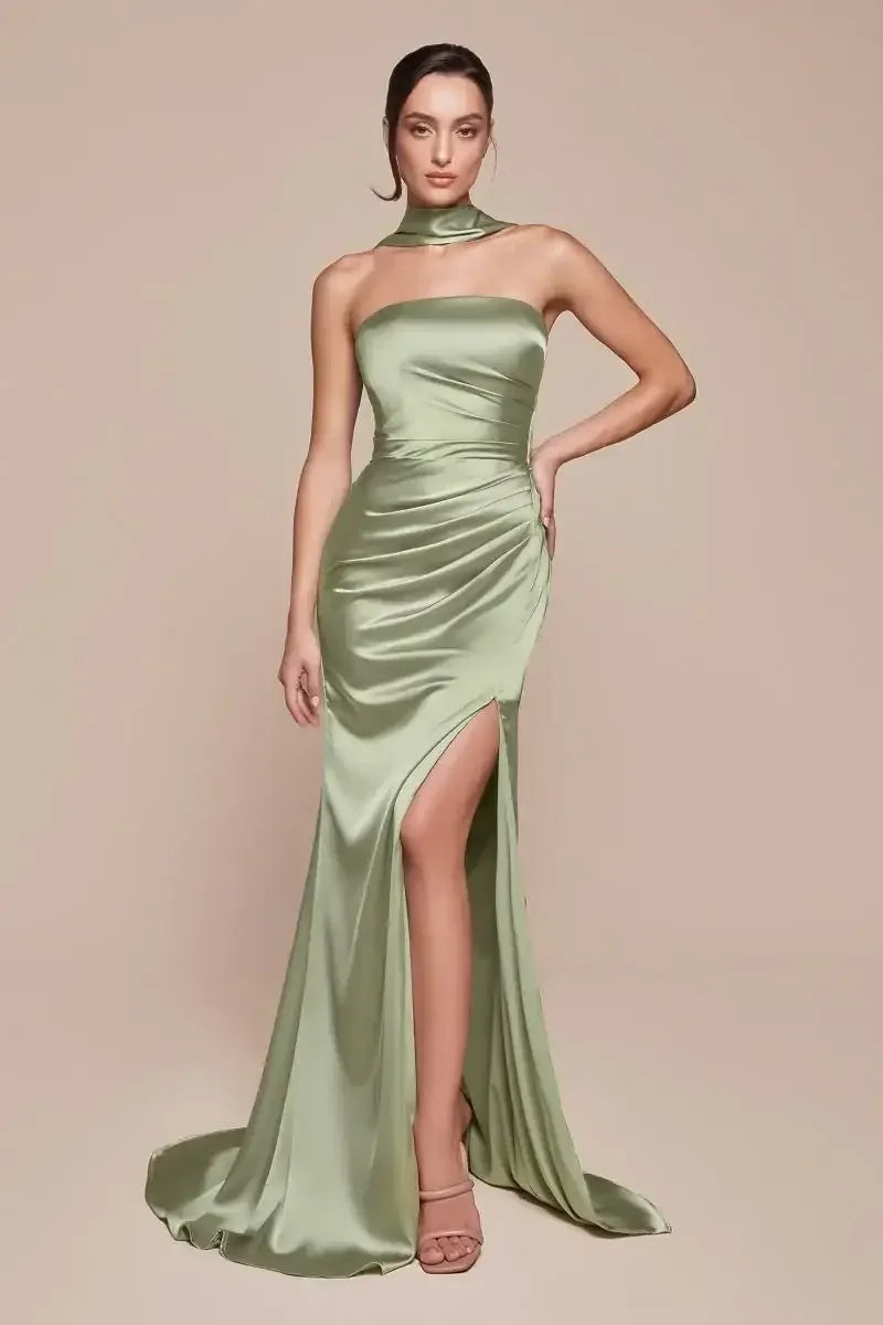 Nicolette Gown - Sage - STRAPLESS LUXE SATIN DRESS & SCARF
