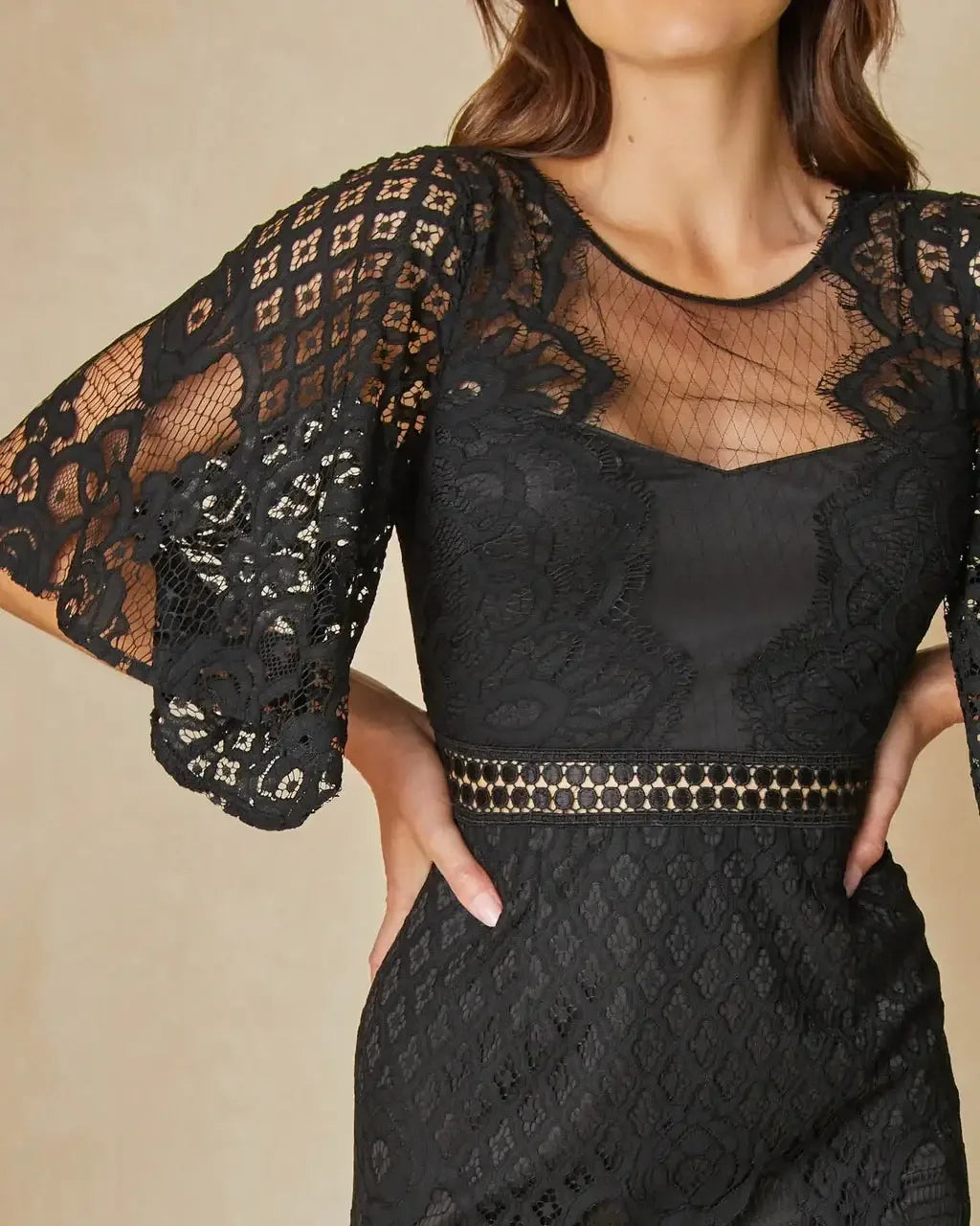 A black lace dress features intricate mesh sleeves and a fitted bodice, with the wearer’s hands resting on their hips, set against a neutral backdrop.