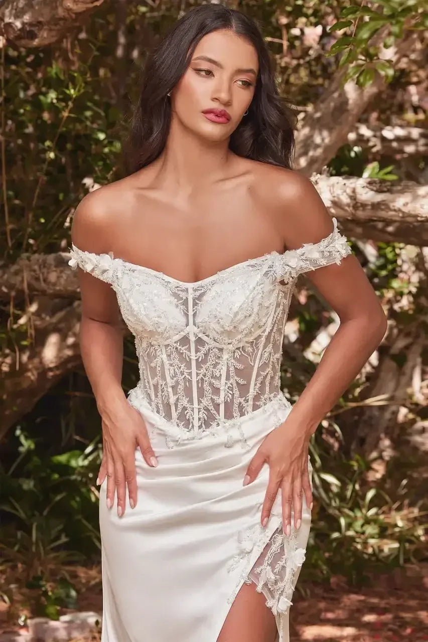 A woman wears an elegant off-the-shoulder wedding gown with intricate beading and lace details. She poses gracefully, surrounded by lush greenery and natural textures, conveying a serene outdoor setting.