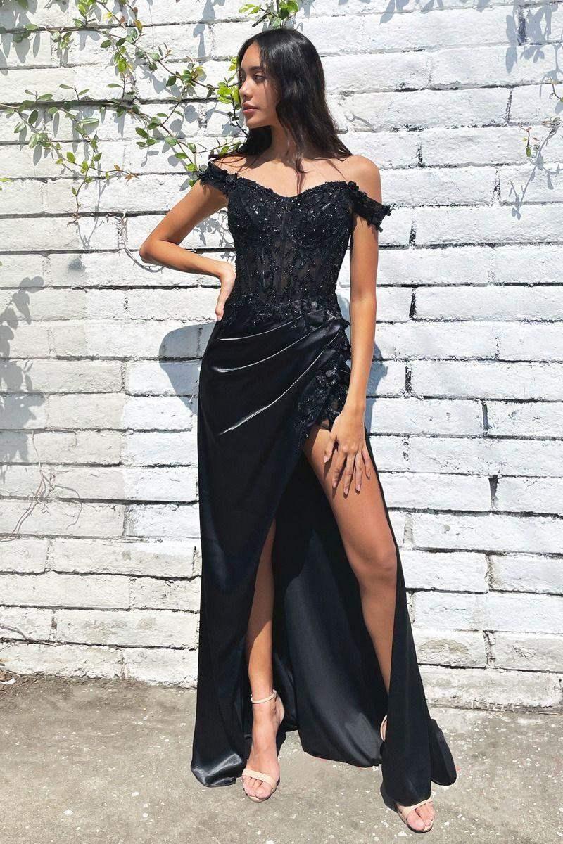 Rosaline Gown - Black - FLORAL OFF THE SHOULDER GOWN