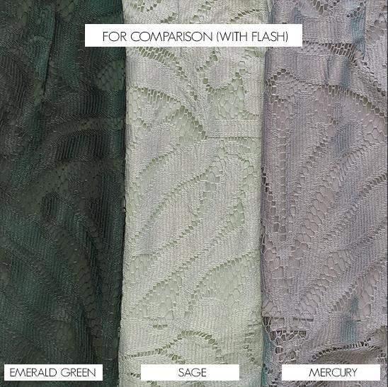 Three pieces of fabric are displayed side by side, each featuring intricate lace patterns. The colors are labeled: "Emerald Green," "Sage," and "Mercury." Flash photography enhances the textures for comparison.