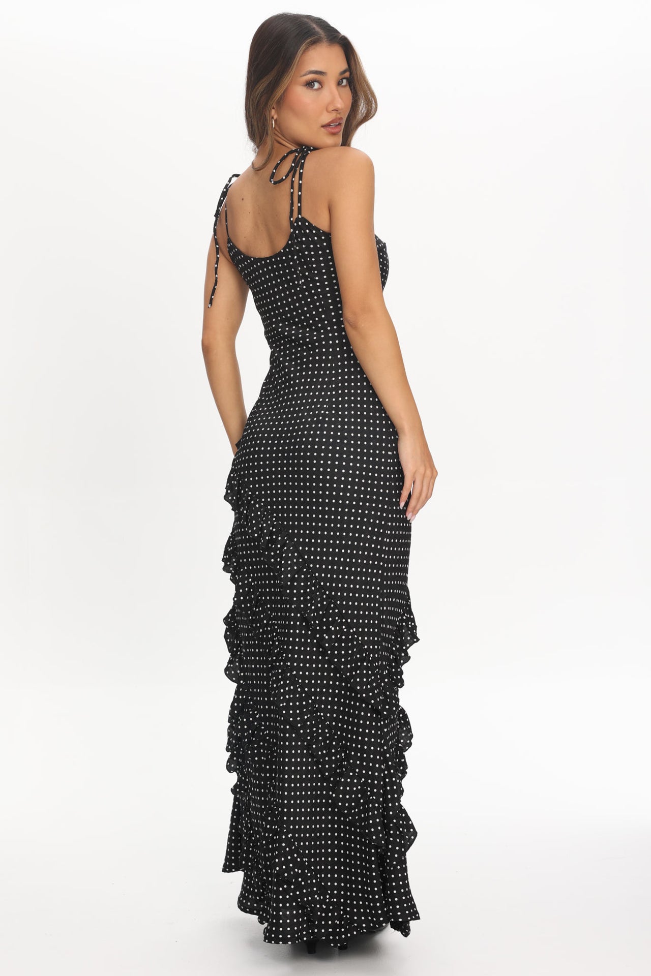 Nevaeh Polka Dot Ruffle Maxi Dress - Black
