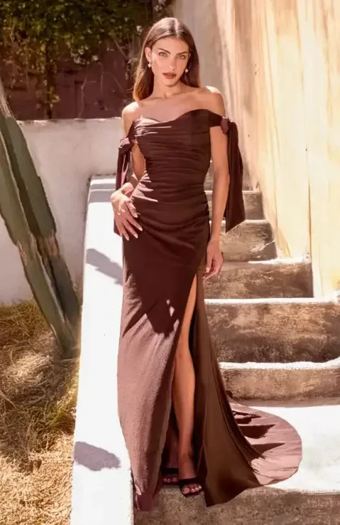 Amber Gown - Espresso - Off Shoulder Stretch Spandex Satin Dress With Ties