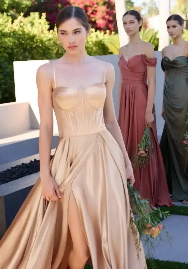 SELMA GOWN - CHAMPAGNE - A-LINE LUXE SATIN BUSTIER DRESS