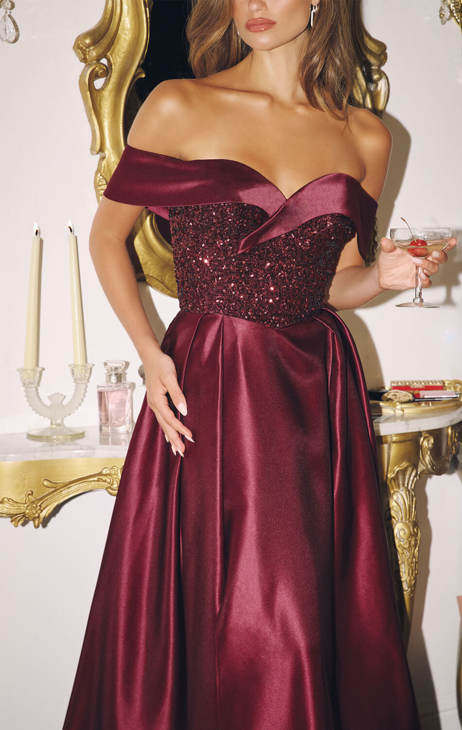 FANNING GOWN - OFF THE SHOULDER SEQUIN CORSET SATIN DRESS