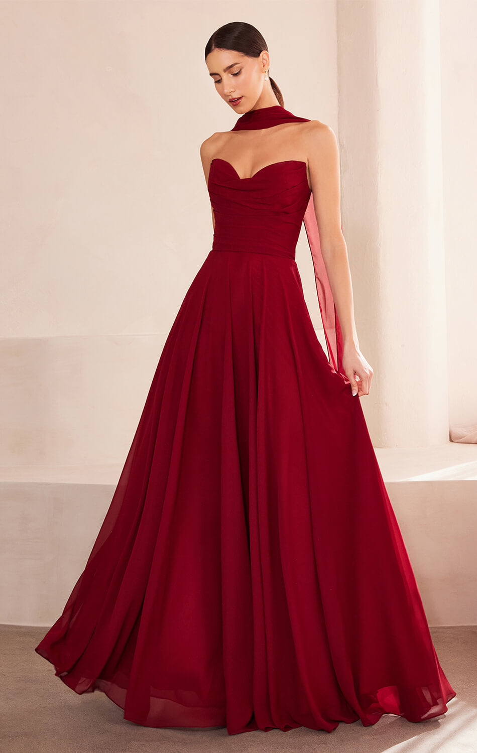 Ella Gown - A-line Strapless Chiffon Dress With Scarf