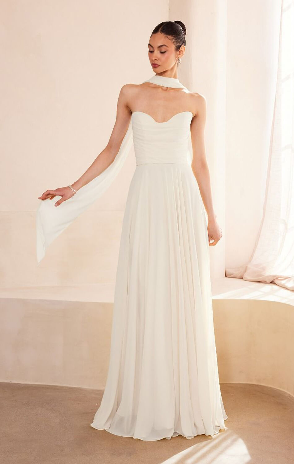 Ella Gown - A-line Strapless Chiffon Dress With Scarf - Off White