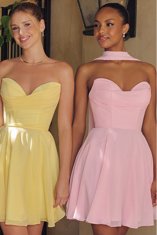 Ella Mini Dress - A-line Strapless Chiffon Cocktail Dress With Scarf