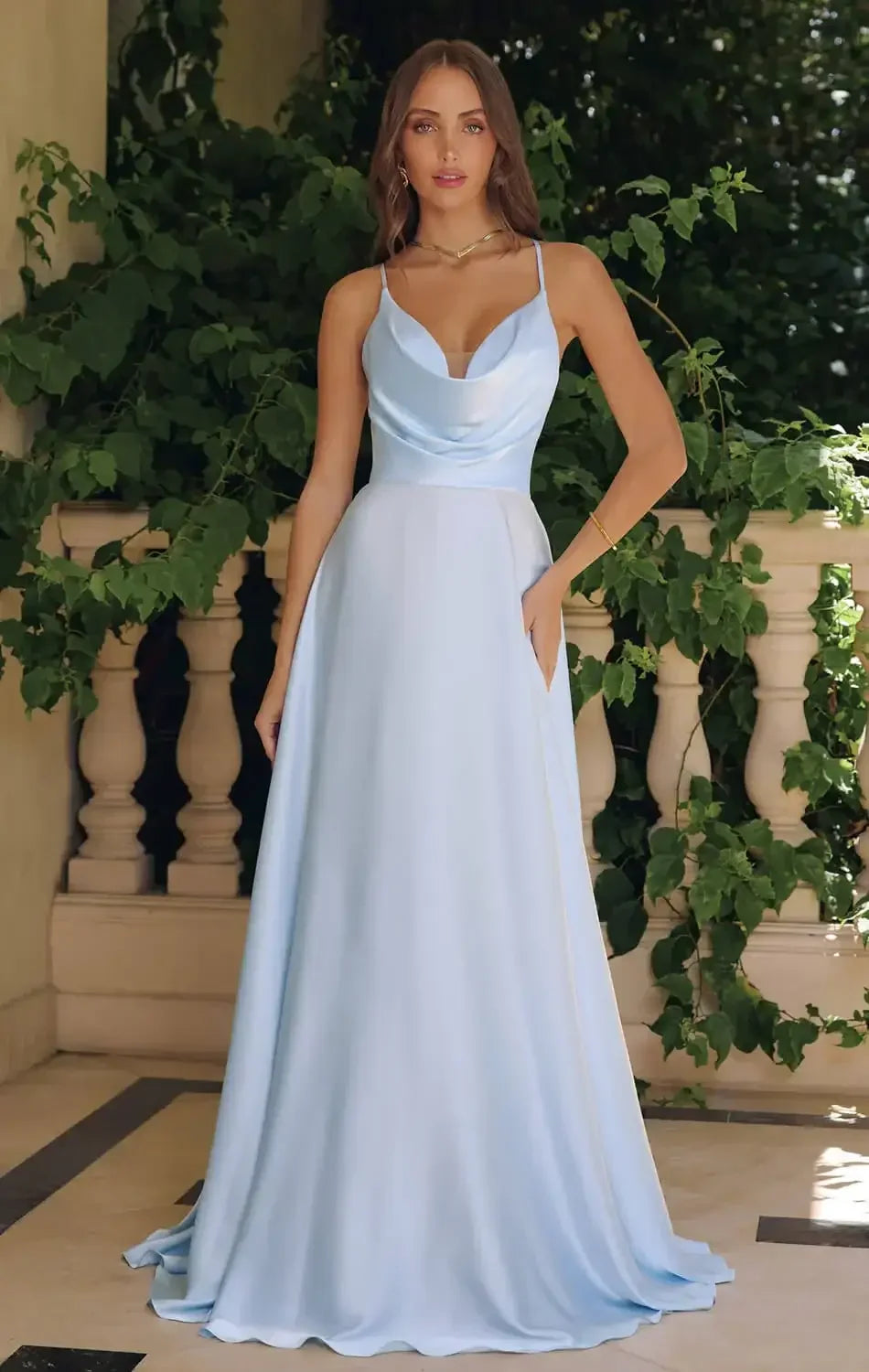 WILLOW GOWN - A-LINE SATIN DRESS WITH COWL NECKLINE