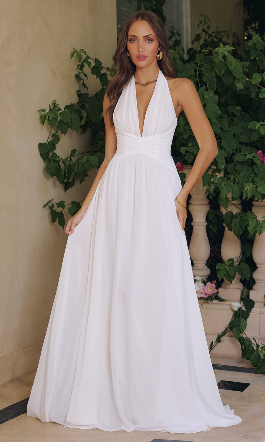 TARA GOWN - OFF-WHITE FLOWY CHIFFON HALTER DRESS