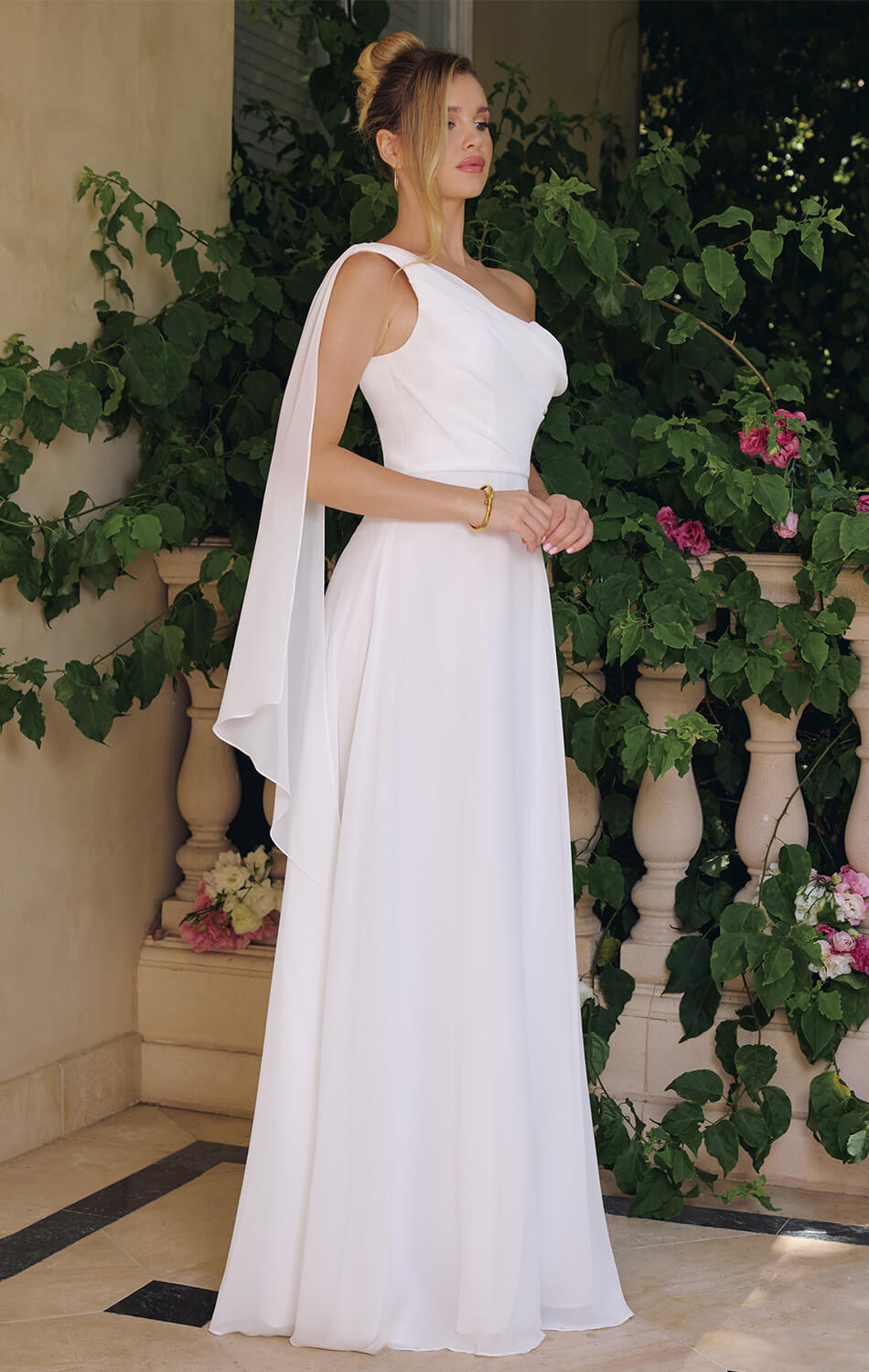 VENUS GOWN - OFF-WHITE ONE SHOULDER CHIFFON DRESS
