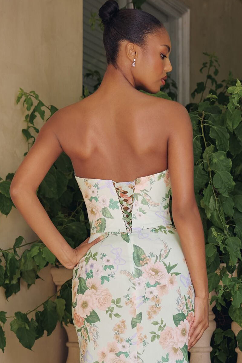 BRIANNA GOWN - STRAPLESS SAGE FLORAL CHIFFON GOWN WITH SCARF