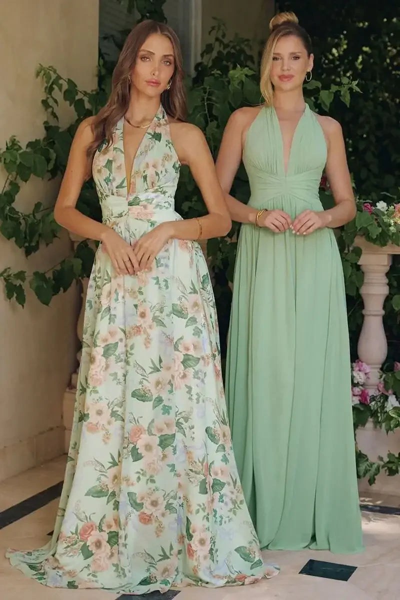 CHEYENNE GOWN - SAGE FLORAL CHIFFON HALTER DRESS