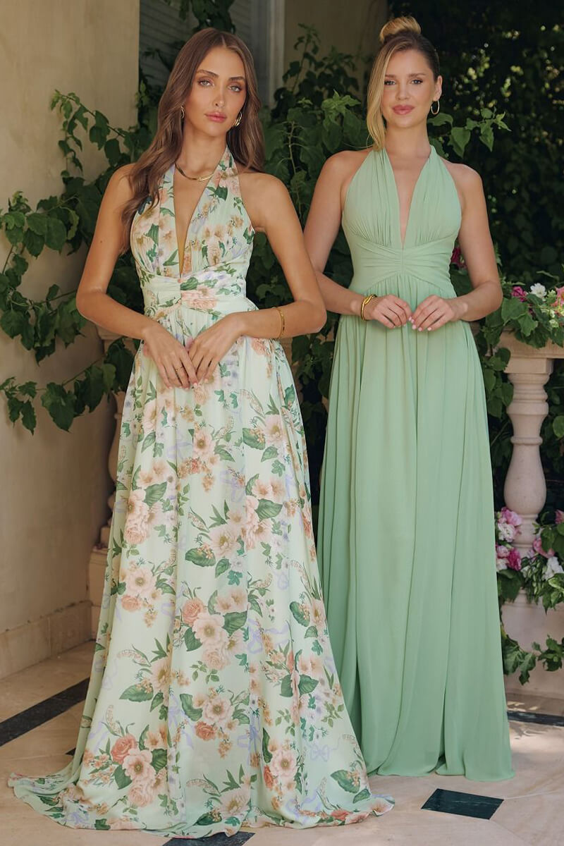 CHEYENNE GOWN - SAGE FLORAL CHIFFON HALTER DRESS