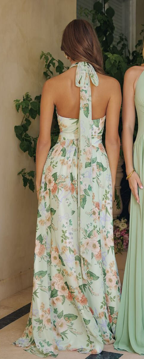 CHEYENNE GOWN - SAGE FLORAL CHIFFON HALTER DRESS