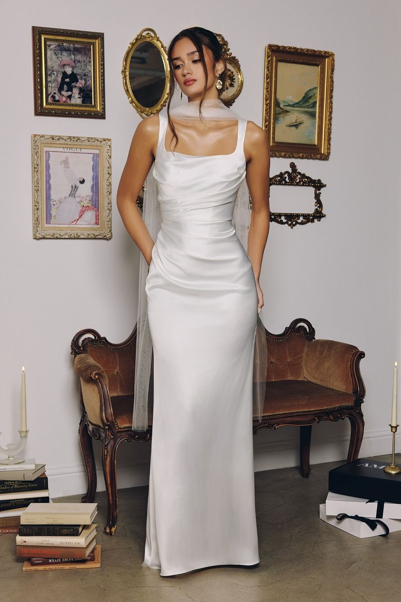Toby Maxi - Off White Satin Dress with Lace Up Back & Scarf