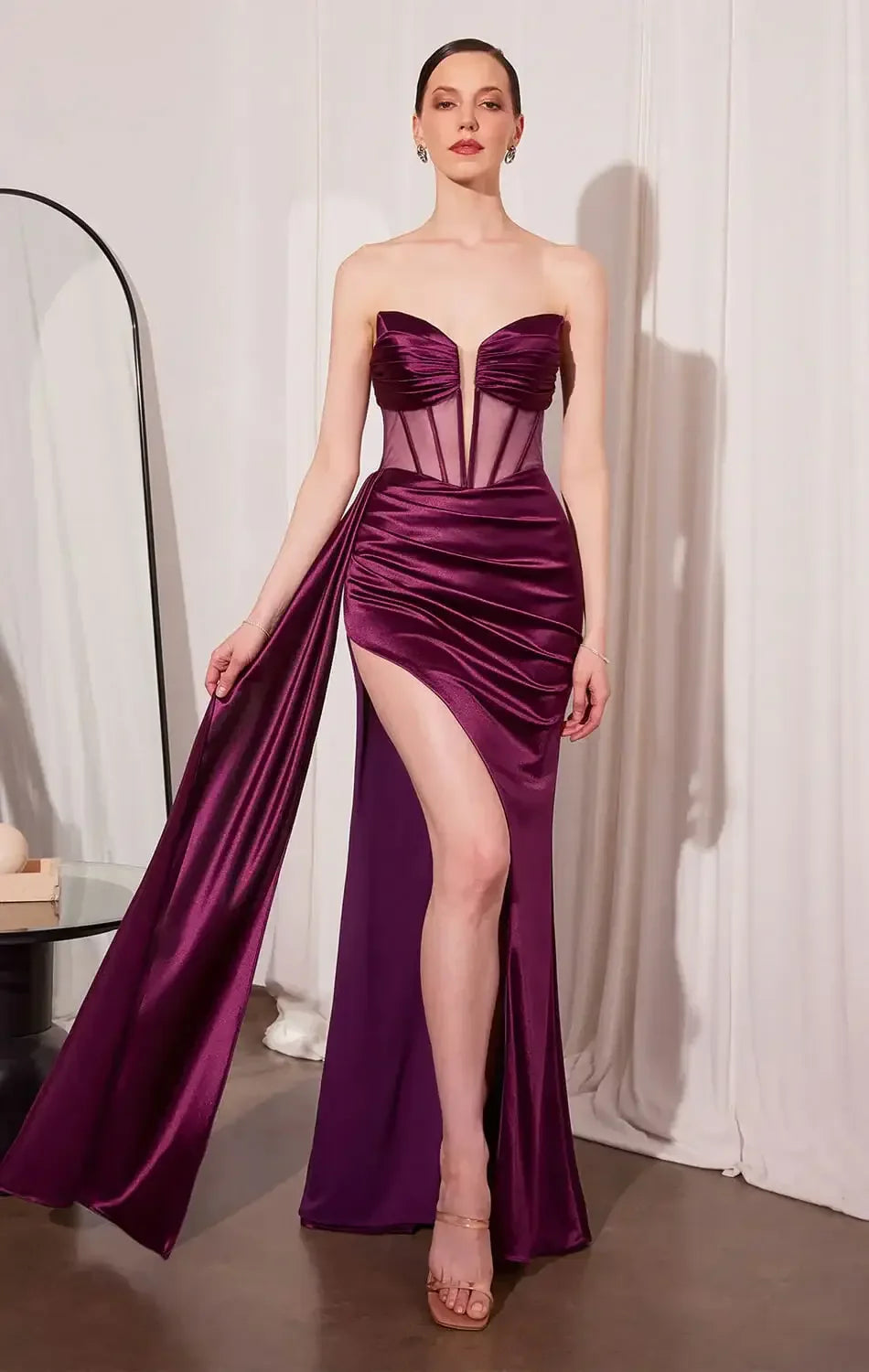 Jamie Gown – Strapless Satin Dress with Sheer Corset Bodice