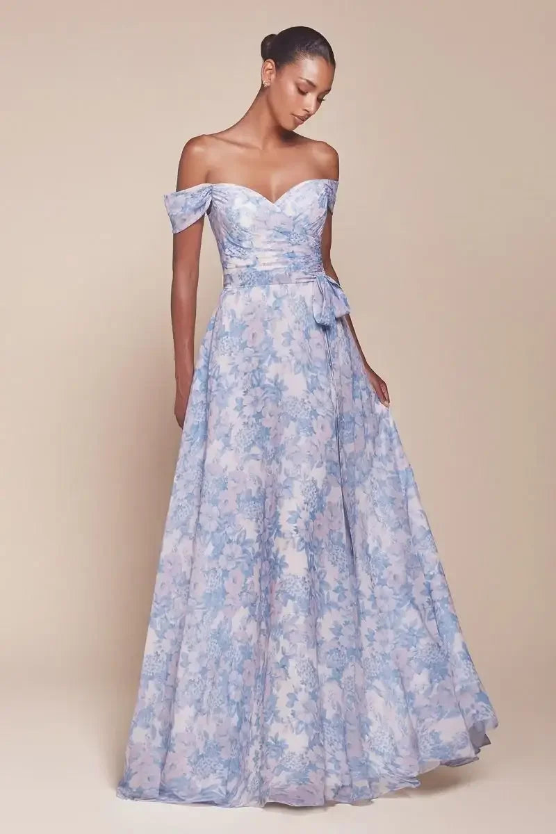 TILDA GOWN - BLUE - OFF THE SHOULDER FLORAL PRINTED A-LINE DRESS