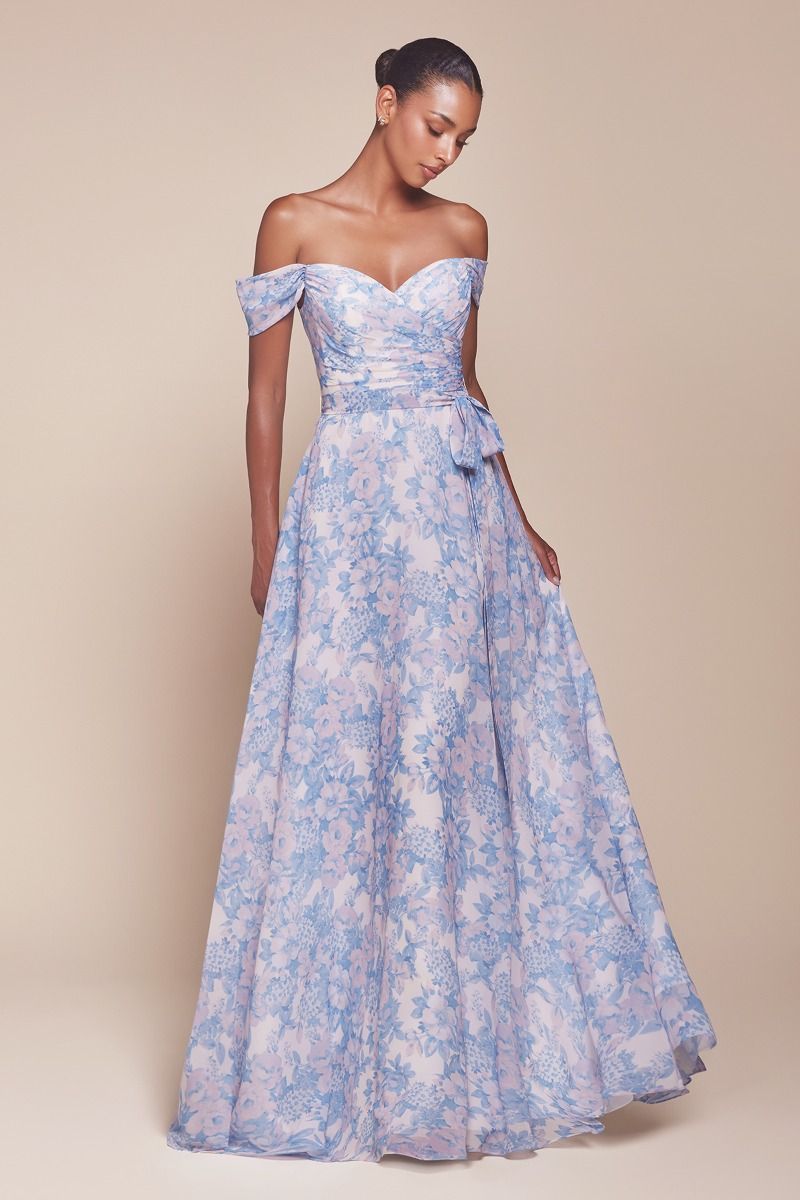 TILDA GOWN BLUE OFF THE SHOULDER FLORAL PRINTED A-LINE DRESS