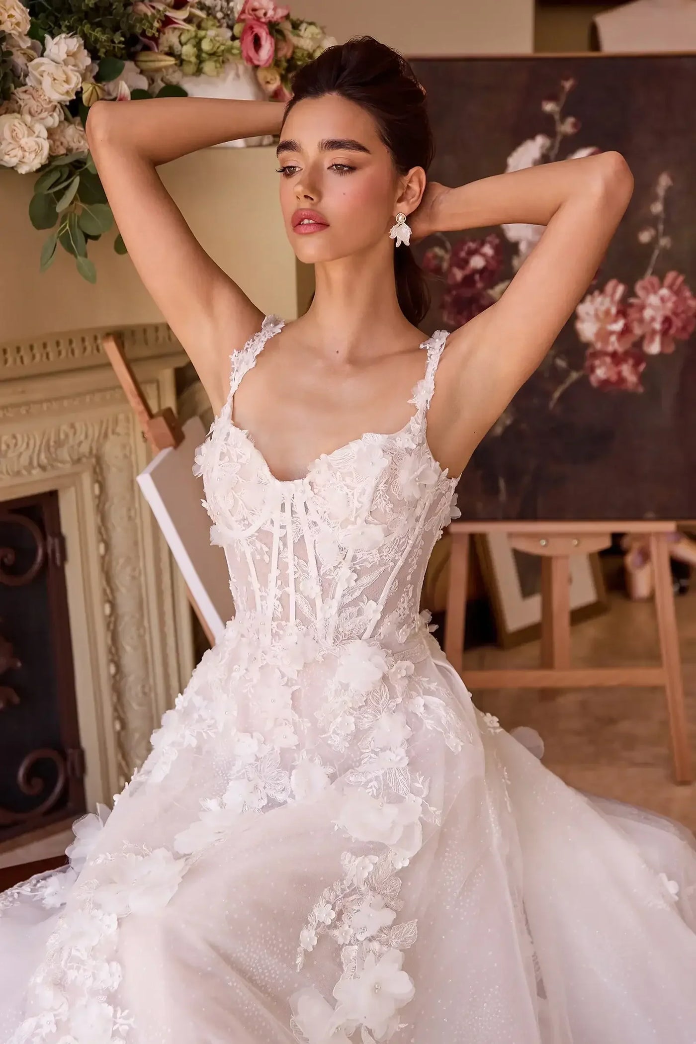 WL045 - Intricate Floral Applique A-Line Tulle Wedding Dress - Andrea & Leo