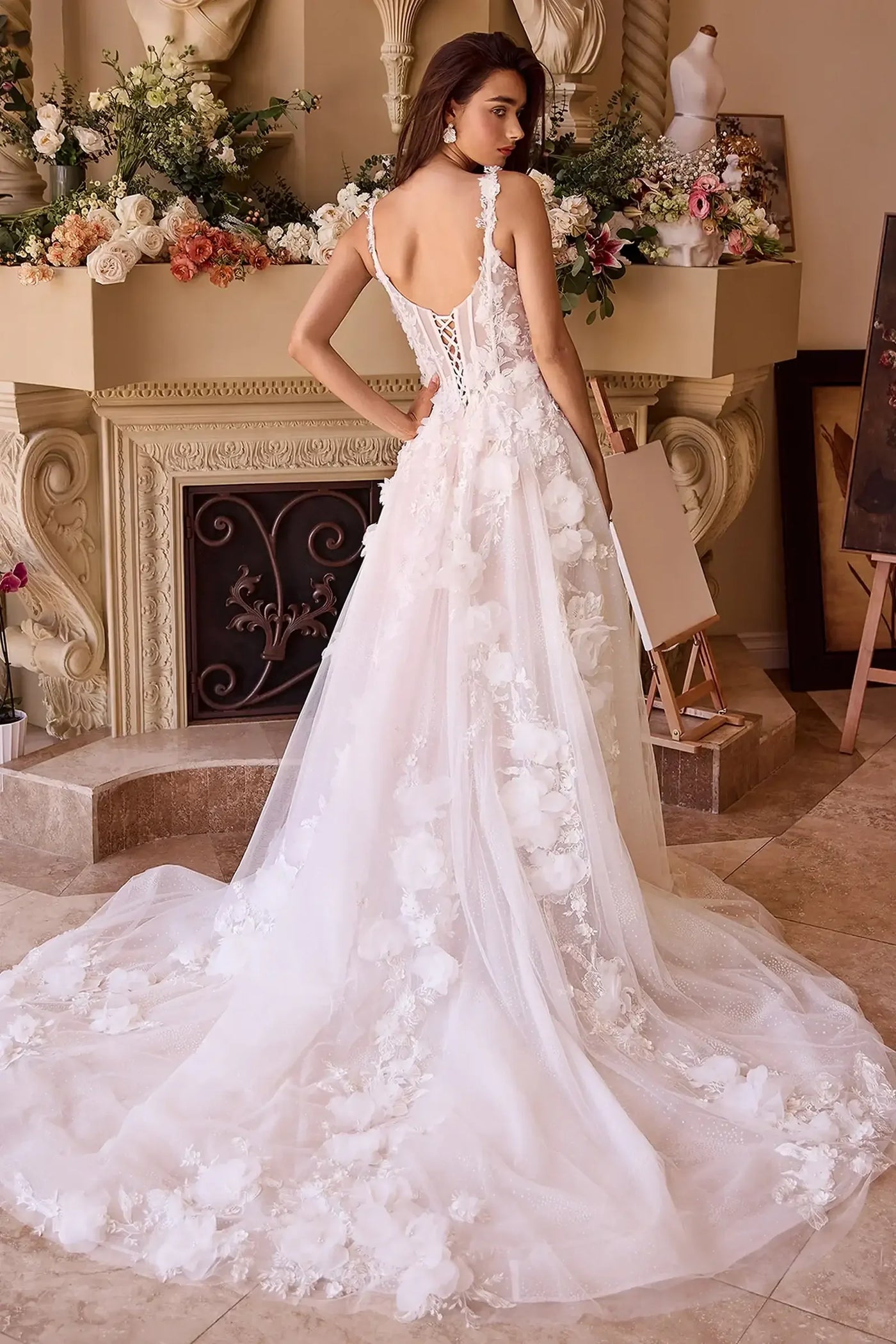 WL045 - Intricate Floral Applique A-Line Tulle Wedding Dress - Andrea & Leo