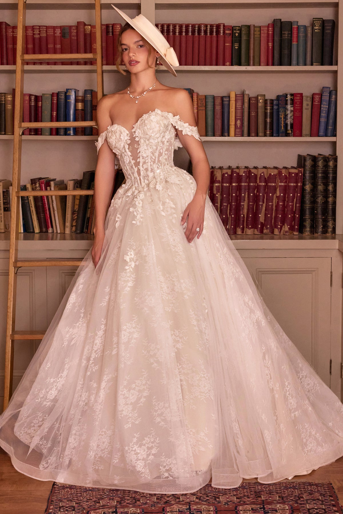 Andrea & Leo WL093 FRENCH WHITE Ball gown Plunging sweetheart neckline with illusion inset, off-the-shoulder floral straps, structured corset bodice, and Concealed zipper back