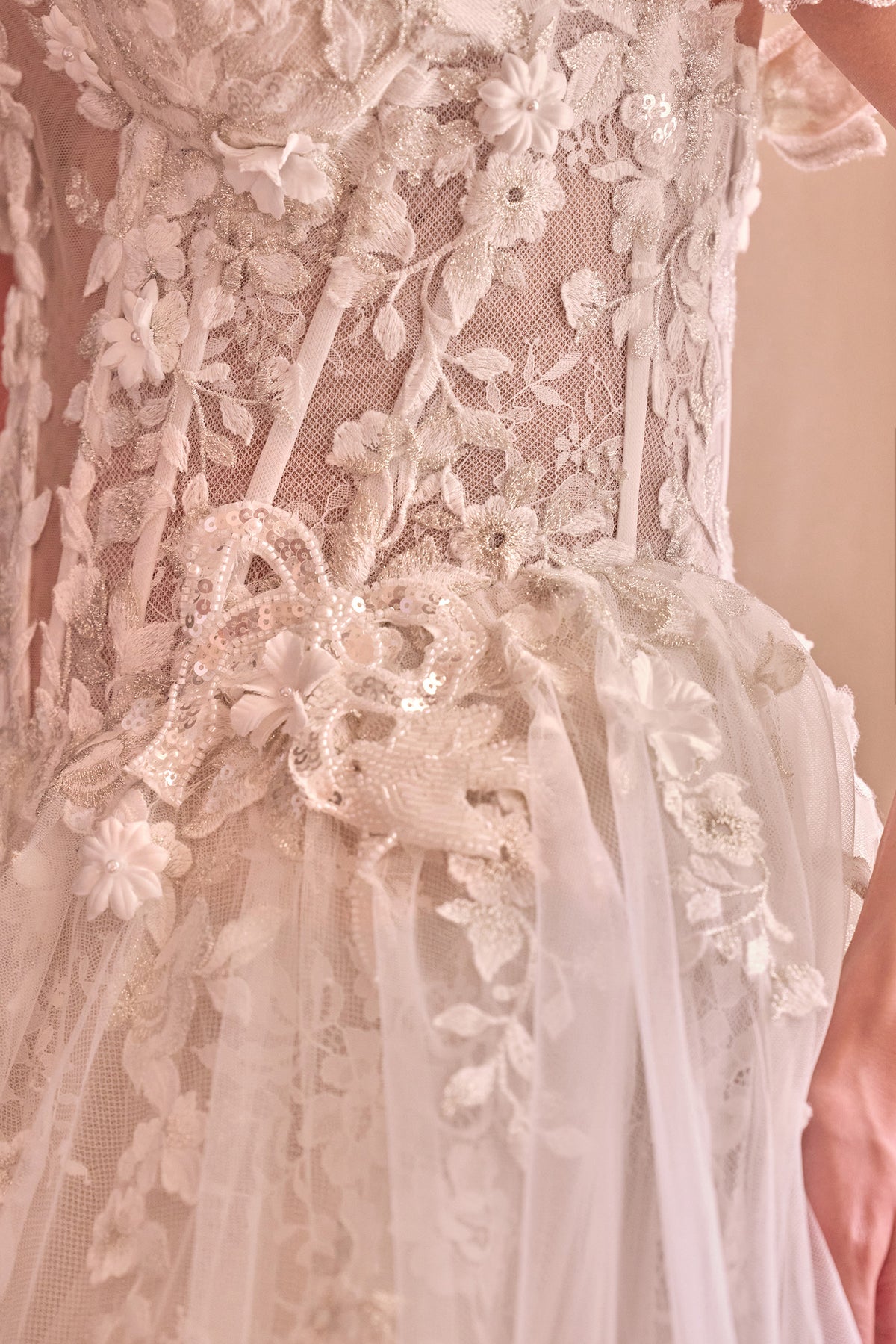 Andrea & Leo WL093 FRENCH WHITE Ball gown Plunging sweetheart neckline with illusion inset, off-the-shoulder floral straps, structured corset bodice, and Concealed zipper back