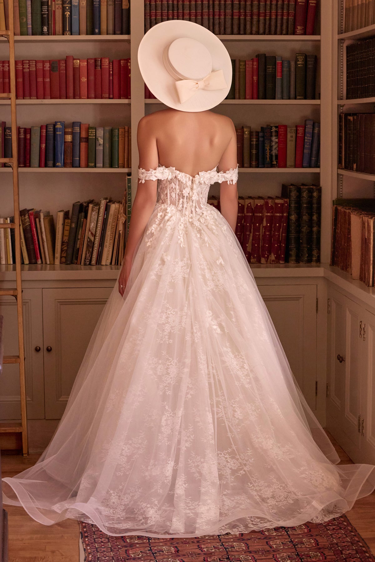 Andrea & Leo WL093 FRENCH WHITE Ball gown Plunging sweetheart neckline with illusion inset, off-the-shoulder floral straps, structured corset bodice, and Concealed zipper back